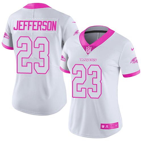 Nike Ravens #23 Tony Jefferson White/Pink Women's Stitched NFL Limited Rush Fashion Jersey